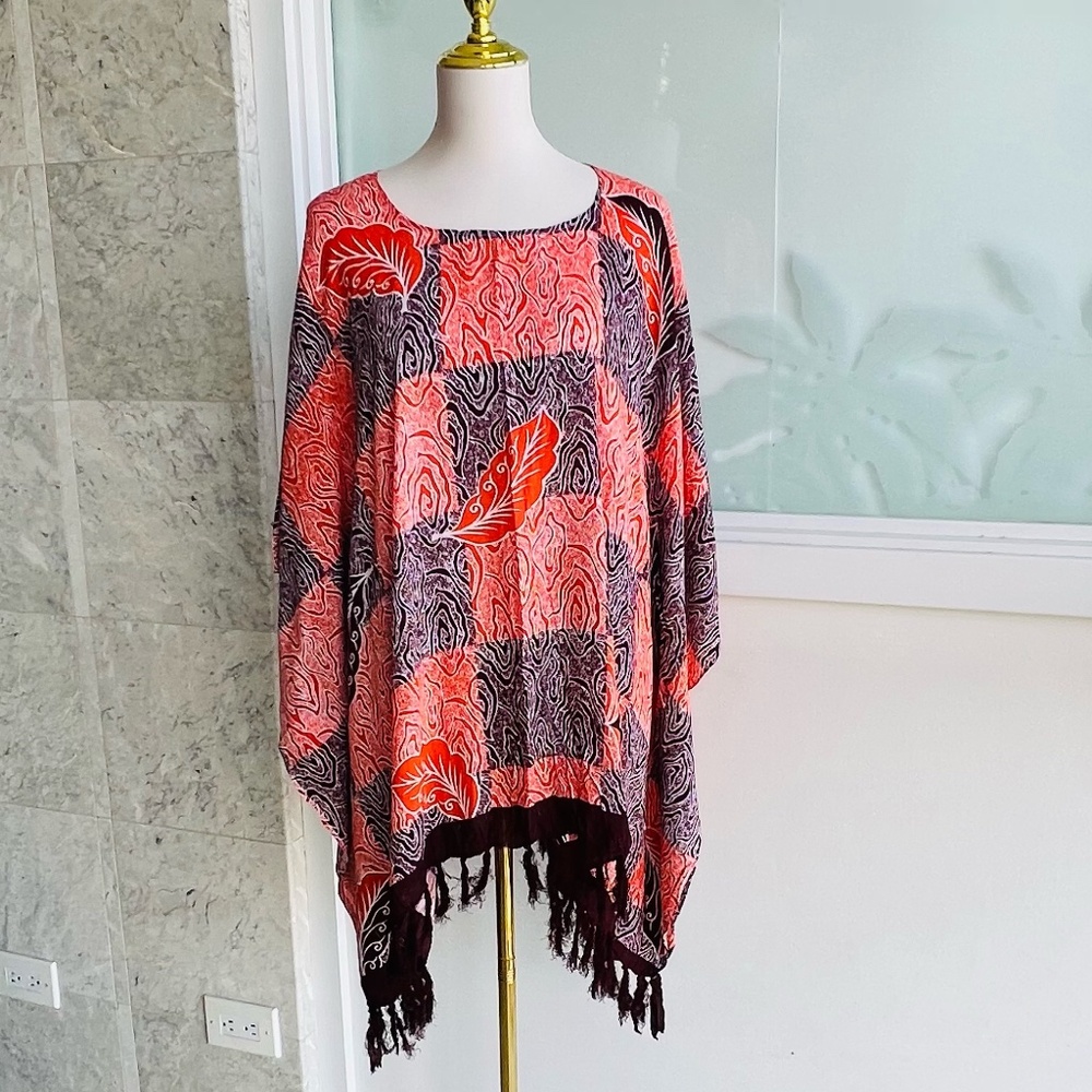 0007/ Brown Orange Color Poncho With Fringes